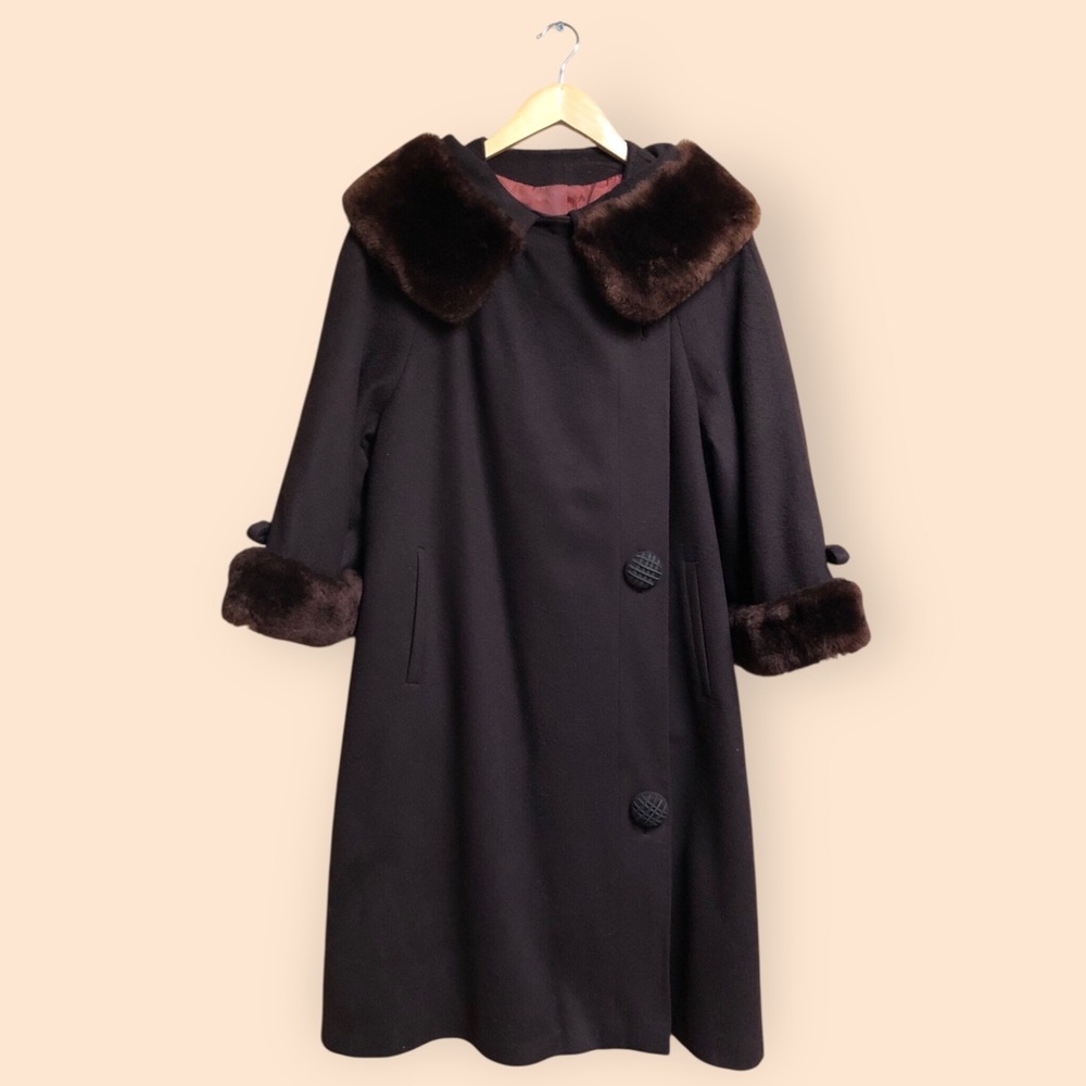 Vintage 60s Union Made Brown Wool Swing Coat Fur Collar & Cuffs Elegant Antique